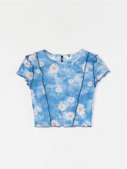 Bluzka crop top ze wzorem - wielobarwny. Bluzki damskie Sinsay, l, bez wzorów, bez kołnierzyka, bez ramiączek. Za 13.99 zł.