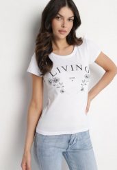 Biały Bawełniany T-shirt z Napisem Living i Nadrukiem Commea. Białe bluzki damskie Born2be, l, bez wzorów, z bawełny, eleganckie, bez kołnierzyka. Za 34.99 zł.