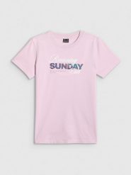 4F T-shirt regular z nadrukiem damski - różowy XS. Czerwone t-shirty damskie 4f, xs, bez wzorów, z bawełny, klasyczne, bez kołnierzyka. Za 59.99 zł.