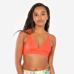 Góra kostiumu surfingowego teksturowana damska Olaian Bea. Brązowe bikini damskie OLAIAN, bez wzorów. Za 99.99 zł.