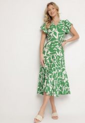 Jasnozielona Rozkloszowana Sukienka z Wiązaniem w Roślinny Wzór Janitaie. Zielone sukienki damskie Born2be, na co dzień, l, bez wzorów, z jeansu, eleganckie, bez kołnierzyka, bez ramiączek, midi, rozkloszowane. Za 64.99 zł.