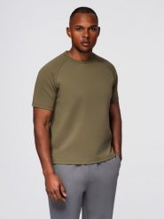 Koszulka męska COMFORT FIT z raglanowym rękawem – oliwkowa V4 - Rozmiar: S. Zielone t-shirty męskie Ombre Clothing, m, z aplikacjami, z bawełny, casualowe, bez kołnierzyka. W wyprzedaży za 81.24 zł.