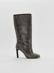 Kozaki z błyszczącymi aplikacjami - srebrny. Szare kozaki damskie Reserved, bez obcasa. Za 459.99 zł.