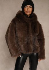 Brązowa Kurtka Futerko z Nieodpinanym Kapturem Tusnema. Brązowe kurtki damskie Renee, l, z aplikacjami, z futra. Za 249.99 zł.
