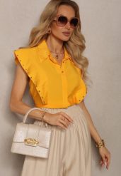 Pomarańczowa Wiskozowa Koszula bez Rękawów z Rozcięciami z Tyłu i Ćwiekami Drimelia. Brązowe koszule damskie Renee, l, bez wzorów, z jeansu, eleganckie, bez kołnierzyka, bez ramiączek. Za 54.99 zł.