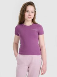 4F Crop top slim z nadrukiem dziewczęcy - fioletowy 152 (11-12 lat). Fioletowe t-shirty i topy dla dziewczynek 4f, bez wzorów, z bawełny, bez ramiączek. Za 39.99 zł.