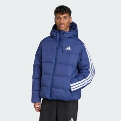 Puchowa kurtka z kapturem Essentials Climawarm z 3 paskami. Niebieskie kurtki męskie Adidas, bez wzorów, z puchu, z kapturem. Za 486.99 zł.