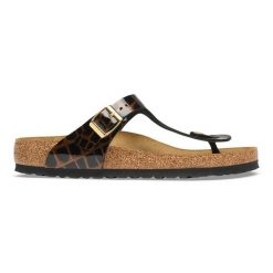 Birkenstock Gizeh LENA Emboss Animal Black Japonki damskie. Czarne klapki damskie Birkenstock, bez wzorów, z jeansu, eleganckie, bez obcasa. Za 549.99 zł.