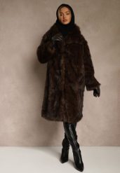 Brązowy Płaszcz Futro o Jednorzędowym Kroju z Szerokim Kołnierzem Aweda. Brązowe płaszcze damskie Renee, l, bez wzorów, z futra, eleganckie, bez kaptura. Za 329.99 zł.