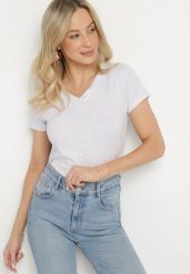 Jasnoszary T-shirt z Bawełny z Trójkątnym Dekoltem Semiora. Szare bluzki damskie Born2be, m, bez wzorów, z bawełny, klasyczne, bez kołnierzyka. Za 34.99 zł.