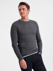 Bawełniany sweter męski z okrągłym dekoltem - grafitowy melanż V2 OM-SWSW-0103 - XXL. Szare swetry przez głowę męskie Ombre Clothing, l, bez wzorów, z bawełny, bez kołnierzyka. W wyprzedaży za 69.99 zł.