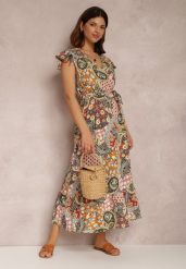 Żółta Sukienka Hesena. Żółte sukienki damskie Renee, na imprezę, na lato, l, bez wzorów, z materiału, boho, bez kołnierzyka, bez ramiączek, midi, kopertowe. Za 49.99 zł.