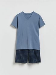 Dwuczęściowa piżama z bawełny - granatowy. Niebieskie piżamy męskie Reserved, l, bez wzorów, z bawełny, bez ramiączek. Za 89.99 zł.