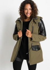 Kurtka parka z wstawkami ze sztucznej skóry. Zielone płaszcze damskie bonprix, bez wzorów, z materiału, z kapturem. Za 339.99 zł.