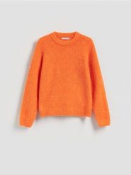 Sweter z dodatkiem wełny - pomarańczowy. Brązowe swetry damskie Reserved, l, bez wzorów, z dzianiny, bez kołnierzyka, bez ramiączek, bez kaptura. Za 129.99 zł.