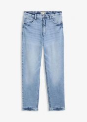 Dżinsy mom, high waist, low stretch, cropped. Niebieskie jeansy damskie bonprix, z podwyższonym stanem. Za 124.99 zł.