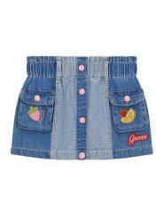 Guess Spódnica jeansowa K6GD05 D7850 Niebieski Regular Fit. Niebieskie spódniczki dla dziewczynek Guess, z aplikacjami, z bawełny. Za 209.99 zł.