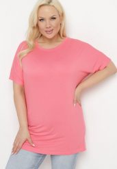 Różowy T-shirt z Rękawami w typie Nietoperza Salilena. Czerwone bluzki damskie Born2be, xl, z aplikacjami, z jeansu, eleganckie, bez kołnierzyka. Za 34.99 zł.