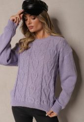 Ciemnofioletowy Sweter z Wełną Ozdobnym Splotem i Ściągaczem Nariae. Fioletowe swetry damskie Renee, uniwersalny, bez wzorów, z jeansu, casualowe, bez kołnierzyka, bez ramiączek, długie, bez kaptura. Za 54.99 zł.