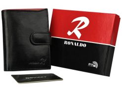 Portfel czarny na zatrzask Ronaldo N4L-VT BLACK-RED. Czarne portfele męskie RONALDO, bez wzorów, ze skóry. Za 65.99 zł.