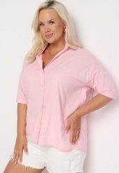 Różowa Bawełniana Koszula z Krótkim Rękawem Tinalyni. Czerwone bluzki damskie Born2be, l, bez wzorów, z bawełny, biznesowe, bez kołnierzyka, plus size, bez ramiączek. Za 79.99 zł.