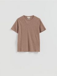 T-shirt regular z lnem - brązowy. Brązowe t-shirty męskie Reserved, l, bez wzorów, z dzianiny, bez kołnierzyka. Za 139.99 zł.