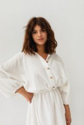 Sukienka typu kimono z muślinu w kolorze ecru - SAVANNAH ECRU-XS/S. Brązowe sukienki damskie Marsala, na co dzień, na lato, s, bez wzorów, z bawełny, bez kołnierzyka, bez ramiączek, dopasowane. Za 279.90 zł.
