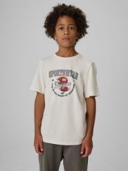 4F T-shirt regular z nadrukiem chłopięcy - kremowy 134 (8-9 lat). Białe t-shirty dla chłopców 4f, bez wzorów, z bawełny, bez ramiączek. Za 49.99 zł.