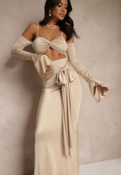 Beżowy Komplet Dopasowana Spódnica z Trenem i Top z Rękawami z Falbanką Adivaria. Brązowe spódnice damskie Renee, m, bez wzorów, z materiału, eleganckie, dopasowane. Za 129.99 zł.