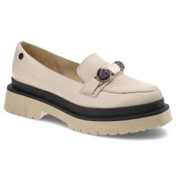 Półbuty damskie BLU, cholewka z gładkiej skóry naturalnej z paskiem na podbiciu i ozdobnym metalowym elementem gruba warstwowa podeszwa z wyraźnym pr. Brązowe półbuty damskie Blu, bez wzorów, ze skóry, eleganckie, bez obcasa, na płaskiej podeszwie, bez zapięcia. Za 275.00 zł.