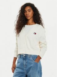 Tommy Jeans Kardigan Essential Badge DW0DW19913 Biały Relaxed Fit. Białe kardigany damskie Tommy Jeans, l, bez wzorów, z bawełny, bez kołnierzyka, bez ramiączek, bez kaptura. Za 299.99 zł.