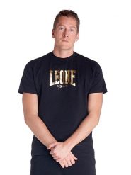 Koszulka męska z dużym logo ZŁOTO. Czarne koszulki sportowe męskie LEONE 1947 APPAREL, m, bez wzorów, z bawełny, bez kołnierzyka, bez ramiączek, na fitness i siłownię. Za 42.06 zł.