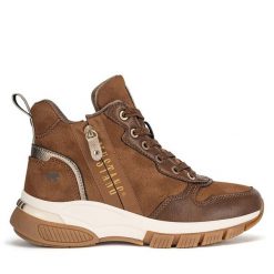 Trzewiki Mustang. Brązowe botki damskie Mustang, bez obcasa, na płaskiej podeszwie, bez zapięcia. Za 349.99 zł.