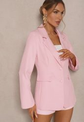 Różowa Marynarka z Usztywnionymi Ramionami i Imitacją Kieszeni Halonia. Czerwone żakiety damskie Renee, m, bez wzorów, z jeansu, eleganckie. Za 119.99 zł.