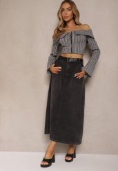 Czarna Jeansowa Spódnica Maxi o Rozkloszowanym Kroju z Paskiem Teviva. Czarne spódnice damskie Renee, na lato, l, bez wzorów, z jeansu, maxi, rozkloszowane. Za 74.99 zł.