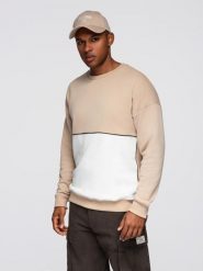 Bluza męska OVERSIZE z kontrastowym łączeniem kolorów - beżowa V2 - Rozmiar: S. Brązowe bluzy męskie Ombre Clothing, m, z aplikacjami, z bawełny, bez kaptura. W wyprzedaży za 49.99 zł.