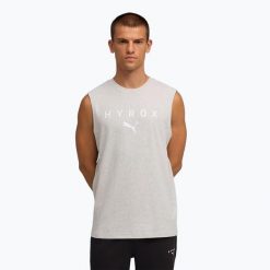 Koszulka treningowa męska PUMA Hyrox Cutoff Tank gray. Szare koszulki sportowe męskie Puma, m, bez wzorów, z bawełny, bez kołnierzyka, bez ramiączek, na fitness i siłownię. Za 149.99 zł.