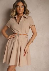 Ciemnobeżowa Sukienka Koszulowa z Cienkim Paskiem w Talii Weolessa. Brązowe sukienki damskie Renee, na co dzień, na lato, l, bez wzorów, z jeansu, eleganckie, bez kołnierzyka, bez ramiączek, mini, koszulowe. Za 84.99 zł.