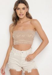 Ciemnobeżowy Dopasowany Top z Koronki Bez Rękawów Pasunea. Brązowe koszule damskie Born2be, l, z aplikacjami, z jeansu, eleganckie, bez kołnierzyka, bez ramiączek. Za 29.99 zł.