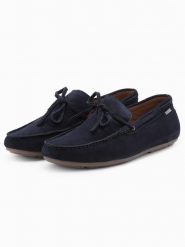 Męskie buty mokasyny skórzane z rzemykiem i podeszwą driver - granatowe V4 OM-FOCS-0150 - 44. Niebieskie mokasyny męskie Ombre Clothing, na lato, z materiału, klasyczne. W wyprzedaży za 139.99 zł.
