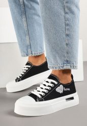 Czarne Trampki na Platformie z Ozdobnym Napisem i Sercem Laviere. Czarne obuwie sportowe damskie Renee, bez wzorów, z jeansu, sportowe, bez zapięcia. Za 74.99 zł.