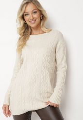 Jasnobeżowy Sweter z Wiskozą i Bawełną Ozdobiony Tłoczeniem Vianira. Brązowe swetry damskie Born2be, l, z aplikacjami, z bawełny, eleganckie, bez kołnierzyka, bez ramiączek, bez kaptura. Za 89.99 zł.