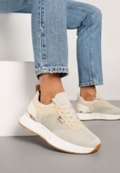 Beżowe Sneakersy z Siateczkową Cholewką Saramis. Brązowe obuwie sportowe damskie Renee, bez wzorów, z jeansu. Za 89.99 zł.