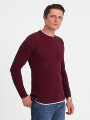 Bawełniany sweter męski z okrągłym dekoltem - bordowy V8 OM-SWSW-0103 - XXL. Czerwone swetry przez głowę męskie Ombre Clothing, m, bez wzorów, z bawełny, bez kołnierzyka. W wyprzedaży za 69.99 zł.
