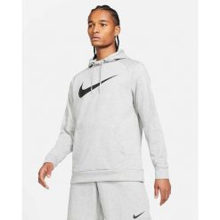 Bluza sportowa męska Nike Drifit Swoosh. Szare bluzy męskie Nike, m, bez wzorów, z bawełny, z kapturem. Za 209.35 zł.