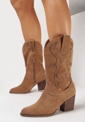 Brązowe Botki Kowbojki na Słupku z Cyrkoniami Litoria. Brązowe botki damskie Born2be, boho, bez obcasa, na obcasie, bez zapięcia. Za 169.99 zł.