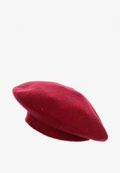 Bordowa Czapka Beret w Naszywki w Cyrkonie Nlaria. Czerwone czapki i kapelusze damskie Renee, z aplikacjami, z dzianiny, eleganckie. Za 44.99 zł.
