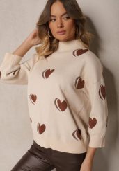 Jasnobeżowy Sweter z Wiskozą i Modalem Ozdobiony Sercami Zeanisia. Brązowe swetry damskie Renee, m, bez wzorów, z jeansu, casualowe, bez kołnierzyka, bez ramiączek, długie, bez kaptura. Za 99.99 zł.