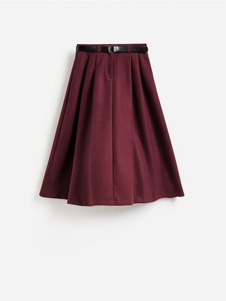 Spódnica midi z wełną - burgundowy. Czerwone spódnice damskie Reserved, l, bez wzorów, z tkaniny, midi, rozkloszowane. Za 179.99 zł.