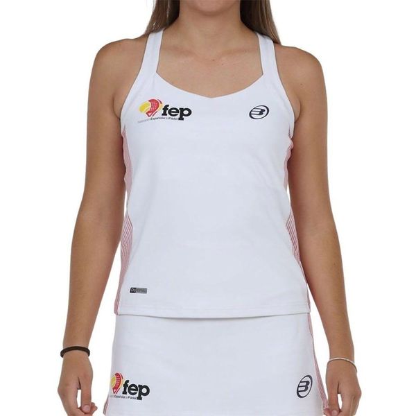Damski tank top Bullpadel Exima. Białe koszulki sportowe damskie bullpadel, bez wzorów, bez kołnierzyka, bez ramiączek. Za 204.10 zł.